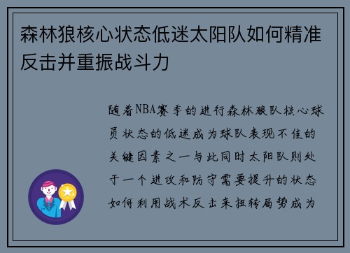 森林狼核心状态低迷太阳队如何精准反击并重振战斗力